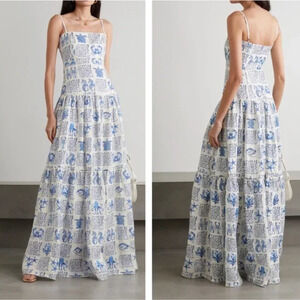 Agua by Agua Bendita Lima Tiered Printed Linen Maxi Dress in Blue Large